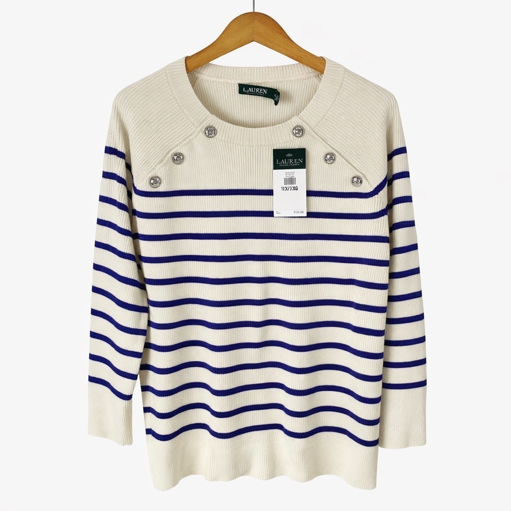 Lauren Ralph Lauren Striped Sweater Cream Blue Nautical Size 1X NWT - Picture 2 of 10